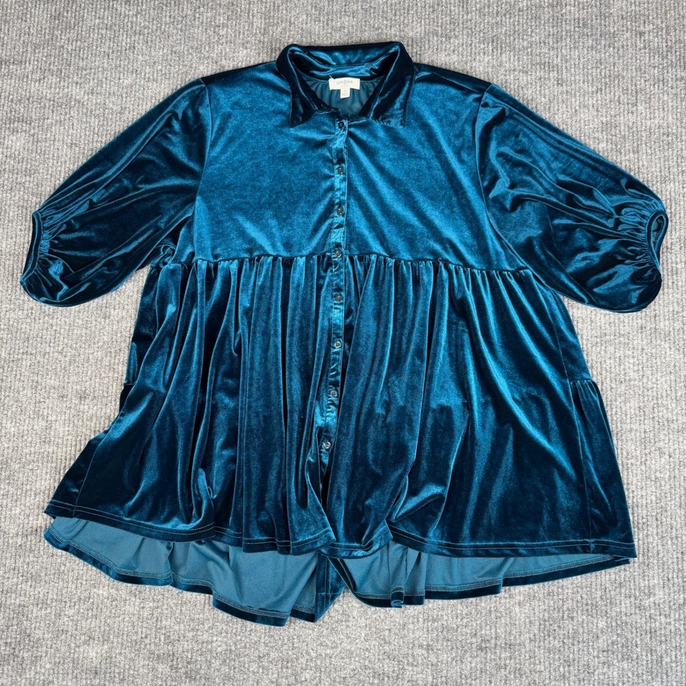 Umgee Babydoll Tunic Womens M Teal Velvet Tiered Balloon Sleeve Boho Whimsigoth